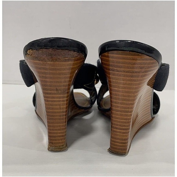 Authentic Louis Vuitton 05 Gold Stud Canvas Wedge Sole Sandals Sz 37.5 US 7.5 - Picture 8 of 10